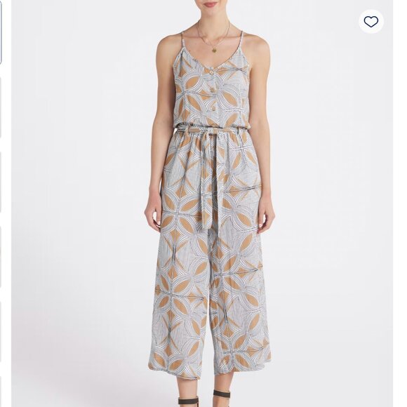 Tribal Tan & White Aspen Button-Front Tie-Waist Wide-Leg Jumpsuit - Picture 1 of 9